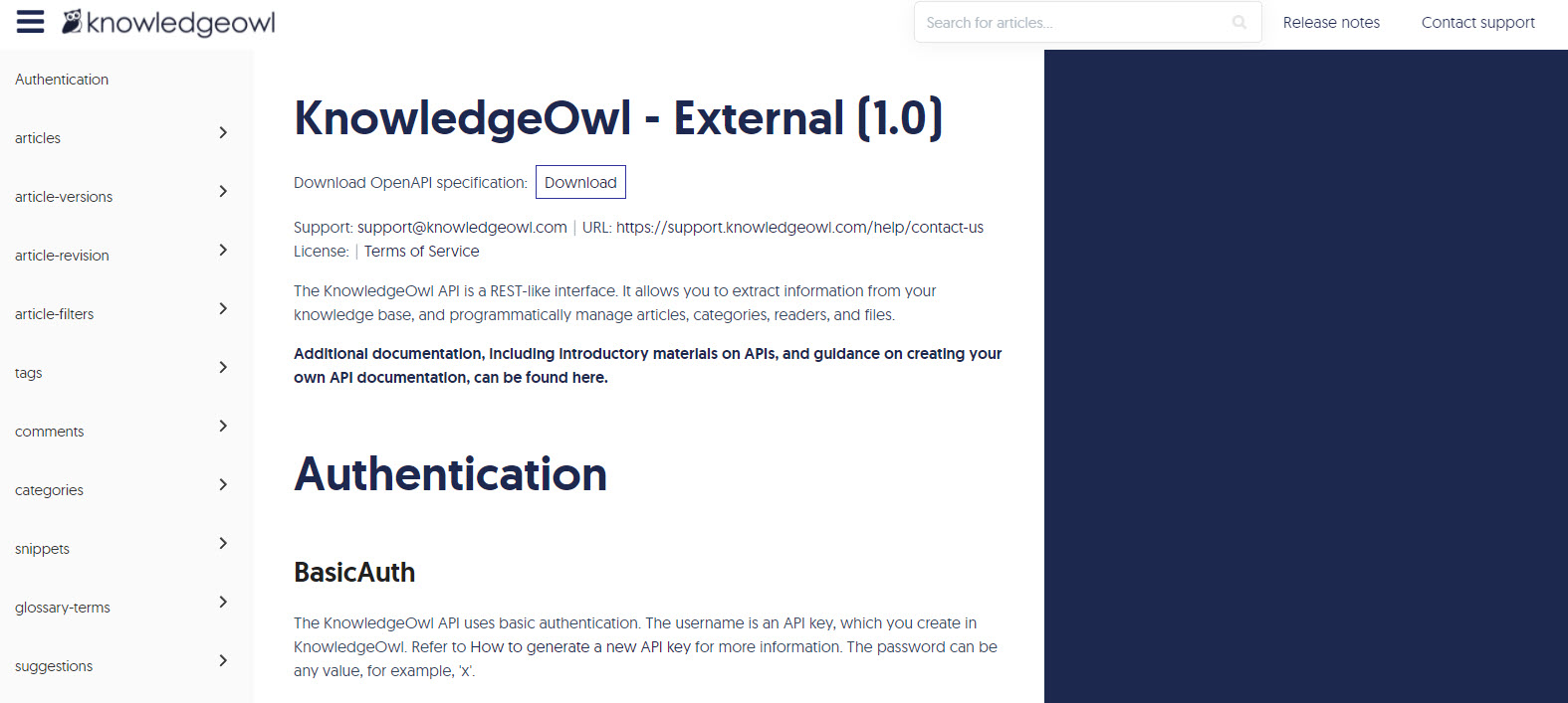 Screenshot of the KnowledgeOwl endpoint reference Screenshot of the KnowledgeOwl endpoint reference